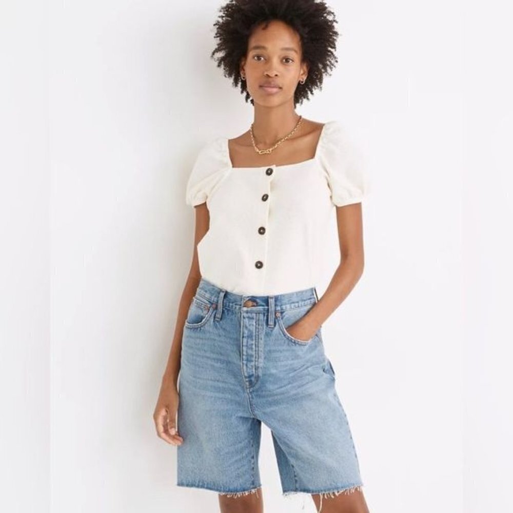 Madewell jacquard square neck puff sleeve top in light house xxl